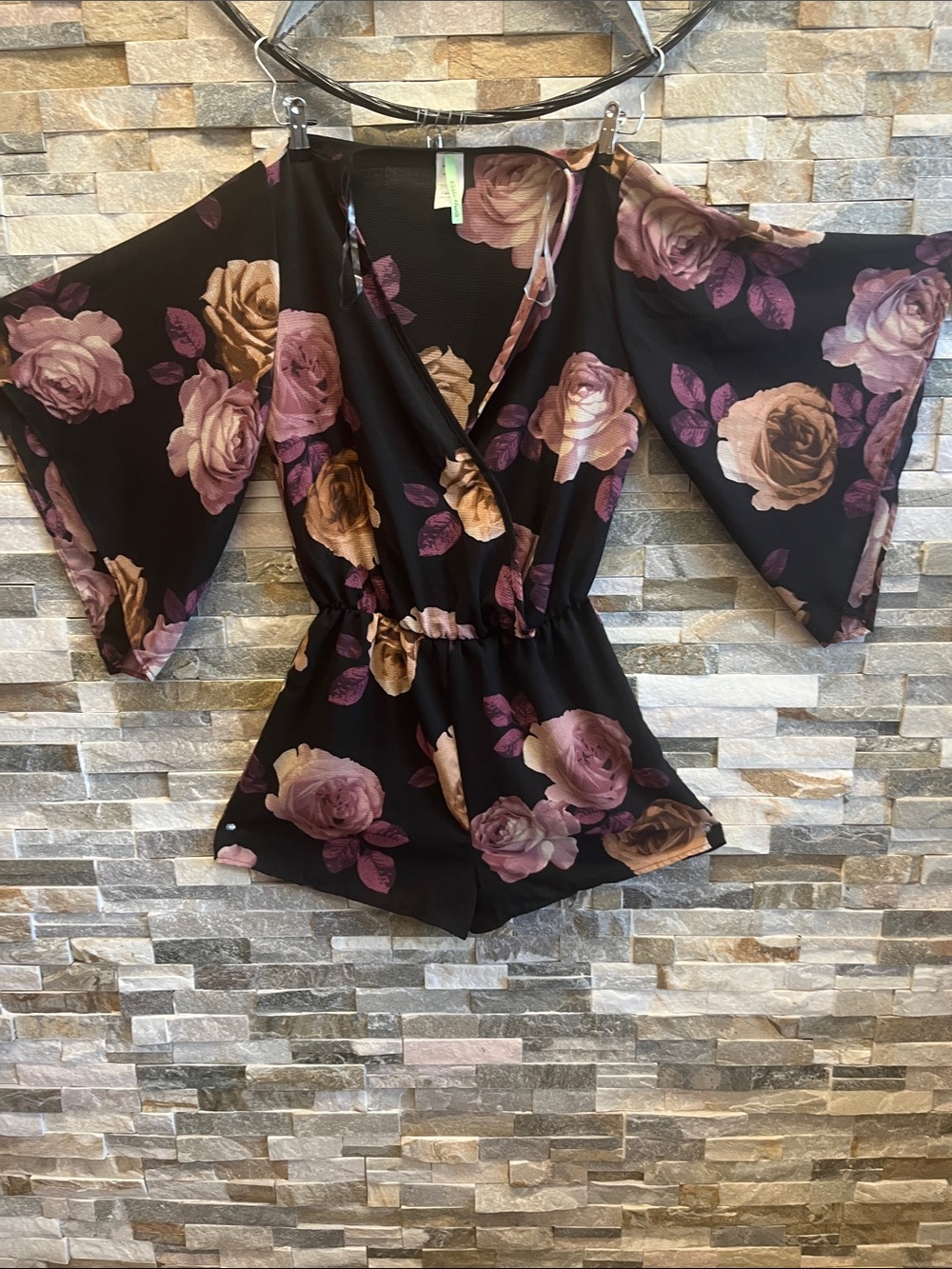 Floral Black & Mauve Romper with Bell Sleeves
